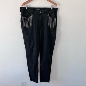 Between Us Boutique Black Rhinestone Fringe Pocket Jeans Sz 22
